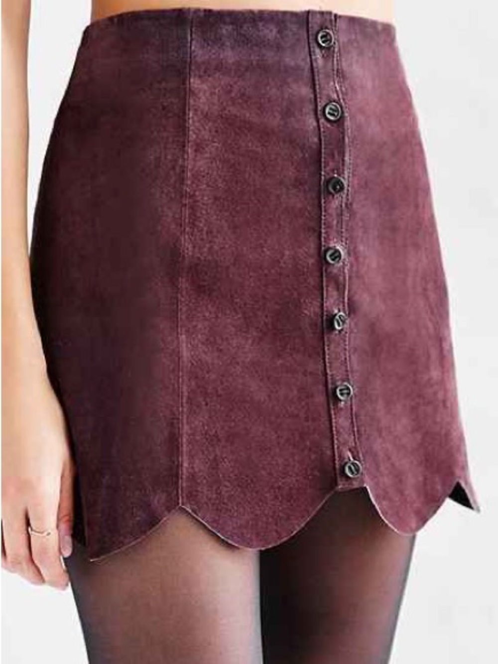 Urban Outfitters Ecote Burgundy Maroon Suede Scallop-Hem Button Mini Skirt